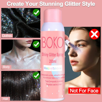 Boko Body Glitter Spray - 200ML Holographic Silver Glitter Spray for Body, Hair & Clothes - Long-Lasting Shimmer for Festivals, Parties, Concerts & Pride Makeup - Rave Accessories