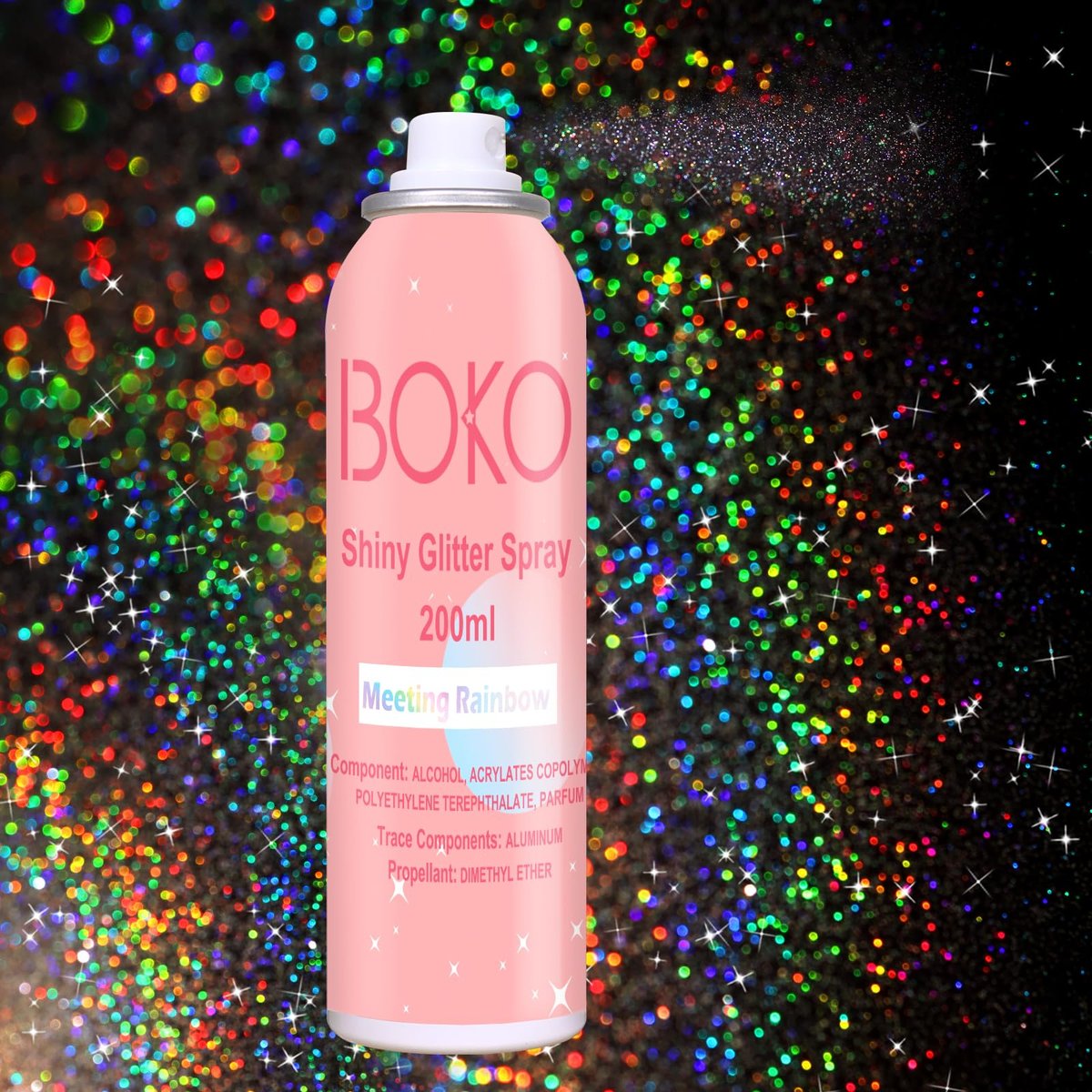 Boko Body Glitter Spray - 200ML Holographic Silver Glitter Spray for Body, Hair & Clothes - Long-Lasting Shimmer for Festivals, Parties, Concerts & Pride Makeup - Rave Accessories - görsel 1