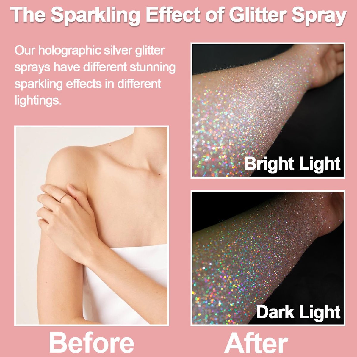 Boko Body Glitter Spray - 200ML Holographic Silver Glitter Spray for Body, Hair & Clothes - Long-Lasting Shimmer for Festivals, Parties, Concerts & Pride Makeup - Rave Accessories - görsel 7