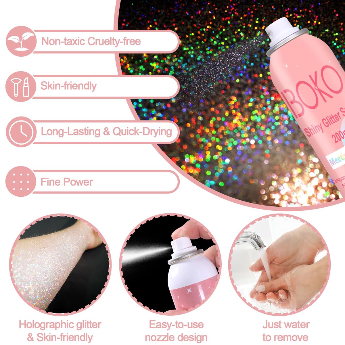 Boko Body Glitter Spray - 200ML Holographic Silver Glitter Spray for Body, Hair & Clothes - Long-Lasting Shimmer for Festivals, Parties, Concerts & Pride Makeup - Rave Accessories - görsel 3