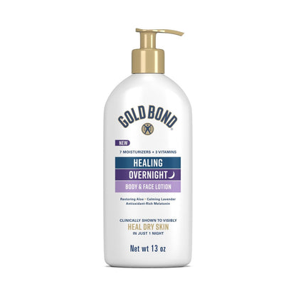 Gold Bond Healing Overnight Body & Face Lotion for Dry Skin, Nongreasy Moisturizer with Hyaluronic Acid, Aloe & Melatonin, 13 oz