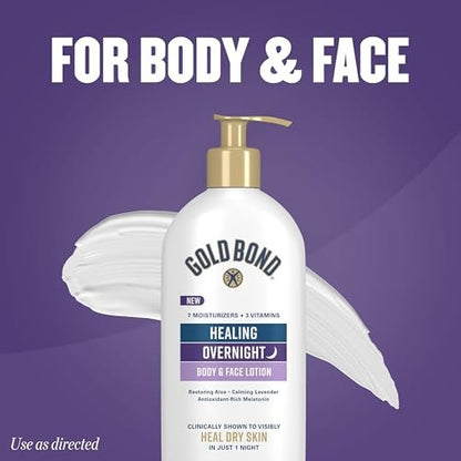 Gold Bond Healing Overnight Body & Face Lotion for Dry Skin, Nongreasy Moisturizer with Hyaluronic Acid, Aloe & Melatonin, 13 oz