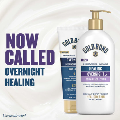 Gold Bond Healing Overnight Body & Face Lotion for Dry Skin, Nongreasy Moisturizer with Hyaluronic Acid, Aloe & Melatonin, 13 oz