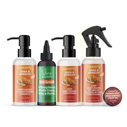 Locsanity Natural & Organic Loose Natural Sample Travel Kit – 2-in-1 Shampoo/Conditioner, Deep Moisturizing Conditioner, Hair Oil, Detangler Leave-in Conditioner, Smooth Liquid Edge Gel