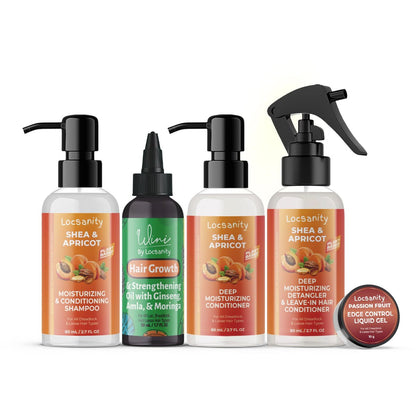 Locsanity Natural & Organic Loose Natural Sample Travel Kit – 2-in-1 Shampoo/Conditioner, Deep Moisturizing Conditioner, Hair Oil, Detangler Leave-in Conditioner, Smooth Liquid Edge Gel