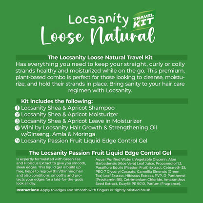 Locsanity Natural & Organic Loose Natural Sample Travel Kit – 2-in-1 Shampoo/Conditioner, Deep Moisturizing Conditioner, Hair Oil, Detangler Leave-in Conditioner, Smooth Liquid Edge Gel