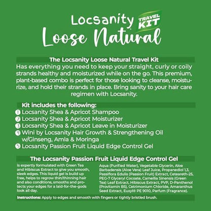 Locsanity Natural & Organic Loose Natural Sample Travel Kit – 2-in-1 Shampoo/Conditioner, Deep Moisturizing Conditioner, Hair Oil, Detangler Leave-in Conditioner, Smooth Liquid Edge Gel