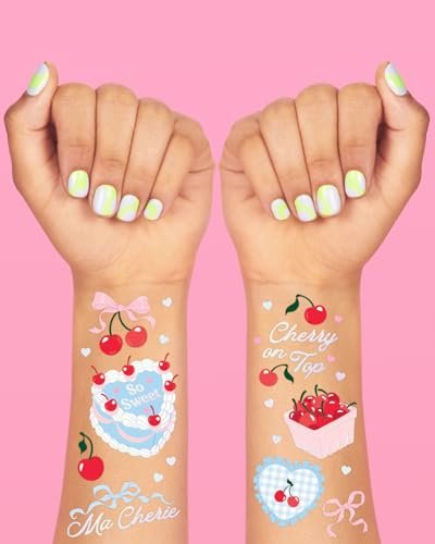 xo, Fetti Cherry Temporary Tattoos - 50 Iridescent Foil Pieces for Baby Showers, Bachelorette Parties, Birthday Decor, and Kids Picnic Tablescapes - görsel 5