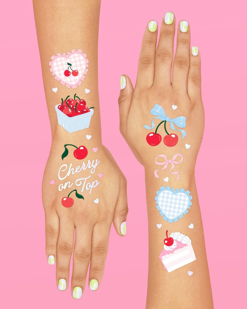 xo, Fetti Cherry Temporary Tattoos - 50 Iridescent Foil Pieces for Baby Showers, Bachelorette Parties, Birthday Decor, and Kids Picnic Tablescapes - görsel 8