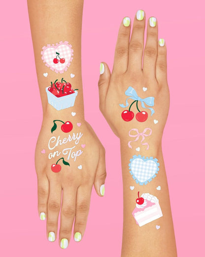 xo, Fetti Cherry Temporary Tattoos - 50 Iridescent Foil Pieces for Baby Showers, Bachelorette Parties, Birthday Decor, and Kids Picnic Tablescapes