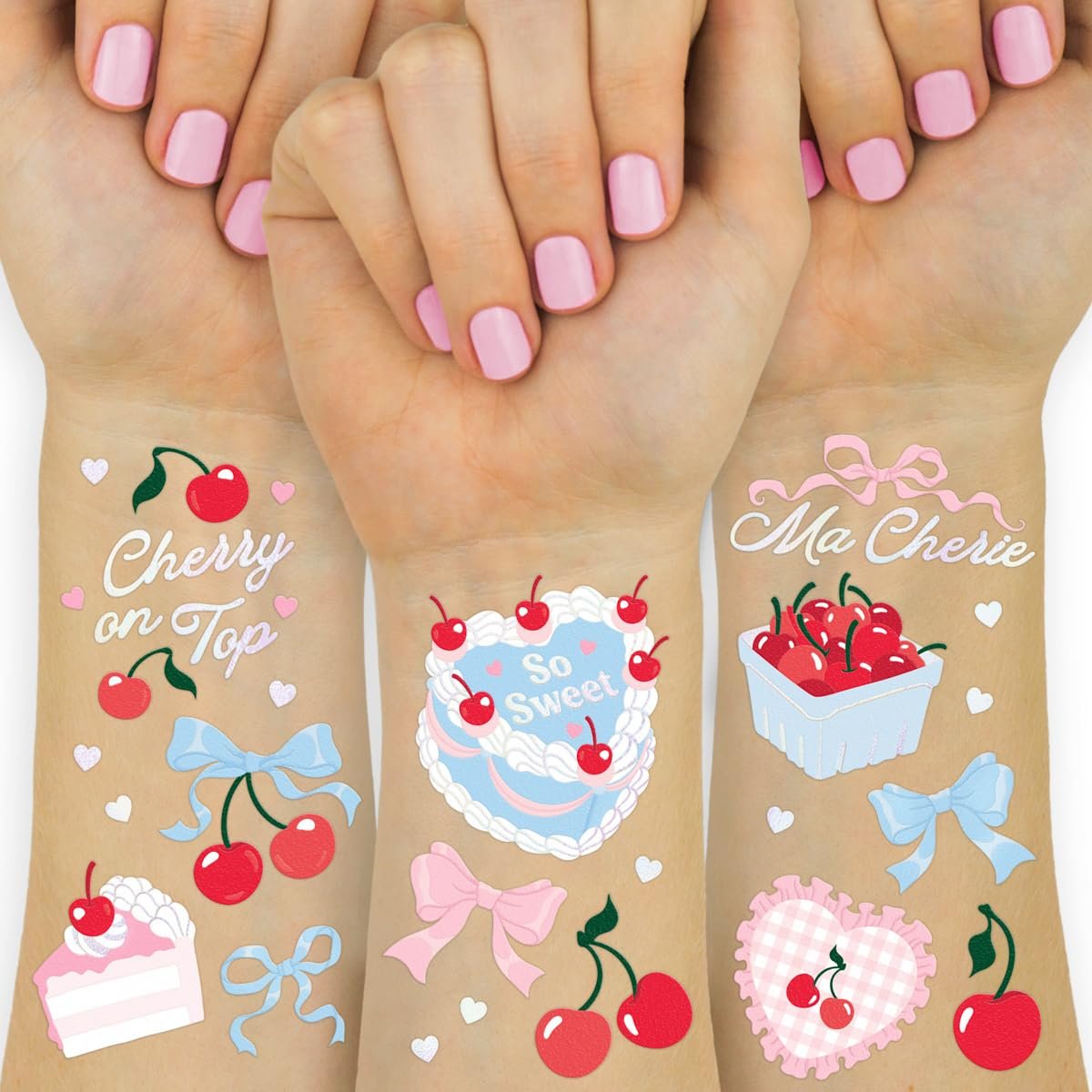 xo, Fetti Cherry Temporary Tattoos - 50 Iridescent Foil Pieces for Baby Showers, Bachelorette Parties, Birthday Decor, and Kids Picnic Tablescapes - görsel 2
