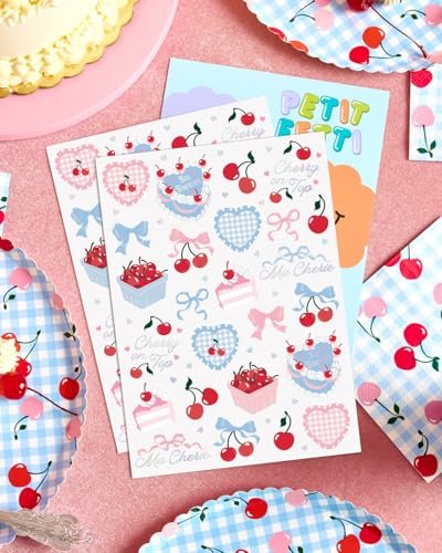 xo, Fetti Cherry Temporary Tattoos - 50 Iridescent Foil Pieces for Baby Showers, Bachelorette Parties, Birthday Decor, and Kids Picnic Tablescapes - görsel 11