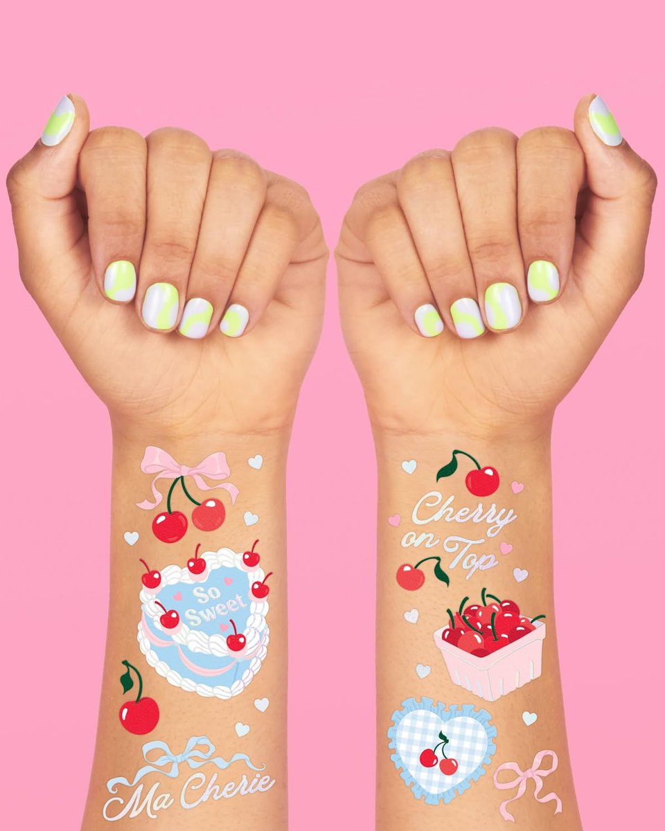 xo, Fetti Cherry Temporary Tattoos - 50 Iridescent Foil Pieces for Baby Showers, Bachelorette Parties, Birthday Decor, and Kids Picnic Tablescapes - görsel 6