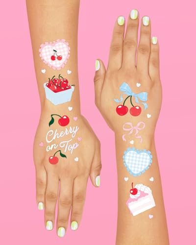 xo, Fetti Cherry Temporary Tattoos - 50 Iridescent Foil Pieces for Baby Showers, Bachelorette Parties, Birthday Decor, and Kids Picnic Tablescapes