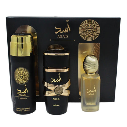 Lattafa Asad Eau de Parfum 3.4 oz + Hair Mist 1.7 oz + Body Spray 6.7 oz - Luxury Fragrance Set