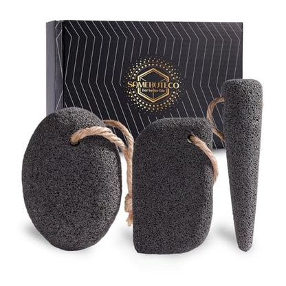 SAMEBUTECO Natural Volcanic Pumice Stone for Feet - 3 Shapes Deep Clean Foot Scrubber, Dead Skin Remover, Black (Pack of 3)