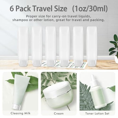 Guokoo 6 Pcs 1 oz Travel Size Toiletries Refillable Travel Bottles, Squeeze Travel Toiletry Bottles with Labels for Toiletry Makeup Travel Containers