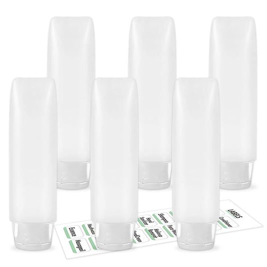 Guokoo 6 Pcs 1 oz Travel Size Toiletries Refillable Travel Bottles, Squeeze Travel Toiletry Bottles with Labels for Toiletry Makeup Travel Containers