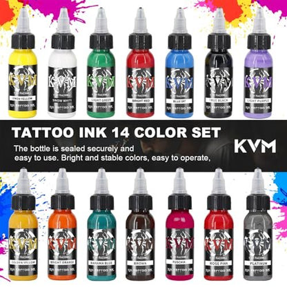 KVM Tattoo Ink Set 14 Pcs Colors 1oz (30ml) - Smooth Flow Tattoo Supply for Professional Studios Avelisse
