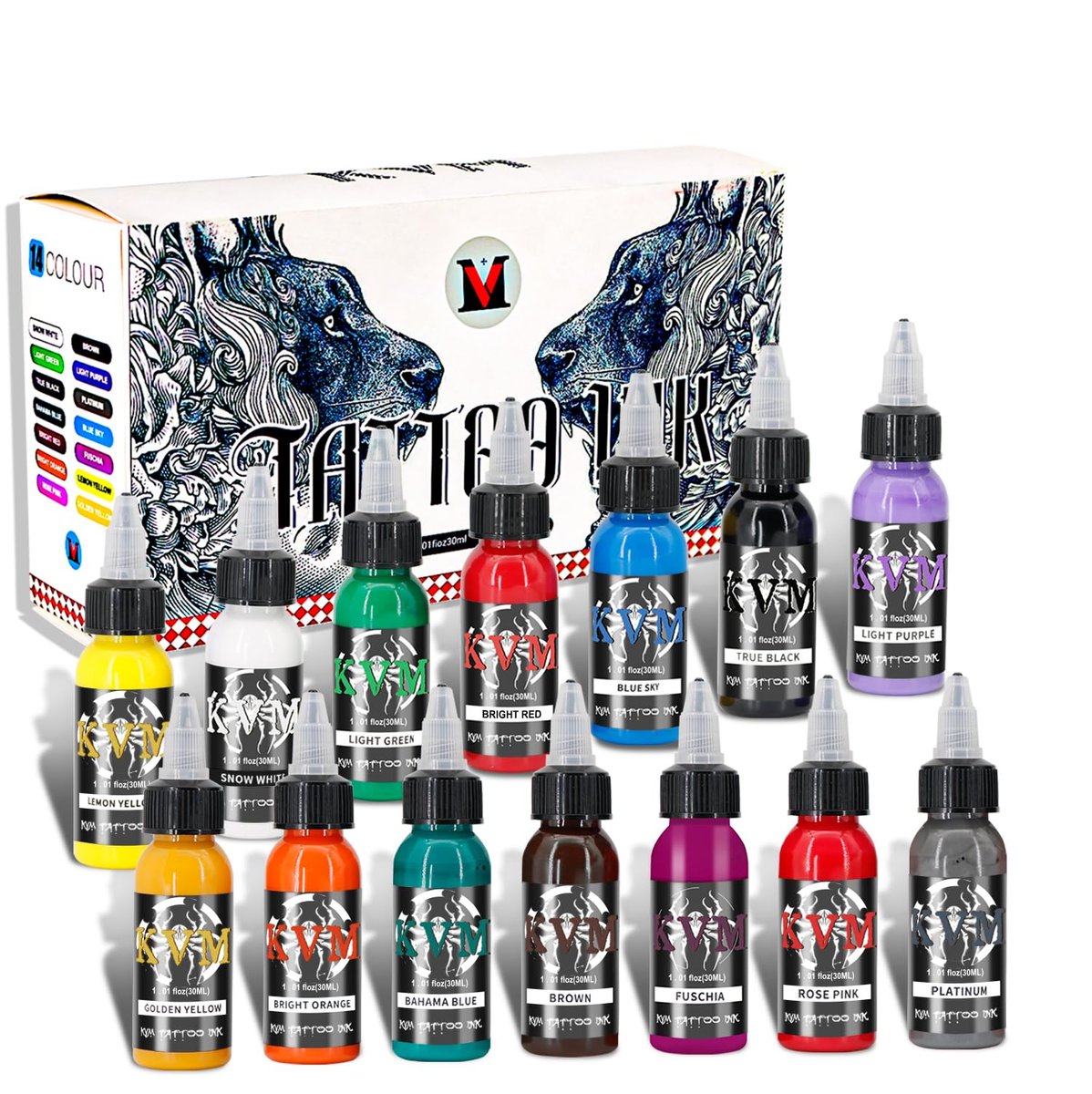 KVM Tattoo Ink Set 14 Pcs Colors 1oz (30ml) - Smooth Flow Tattoo Supply for Professional Studios Avelisse