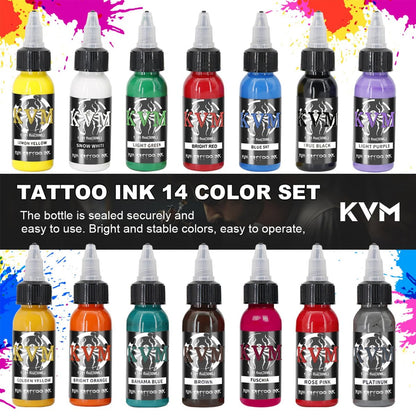 KVM Tattoo Ink Set 14 Pcs Colors 1oz (30ml) - Smooth Flow Tattoo Supply for Professional Studios Avelisse