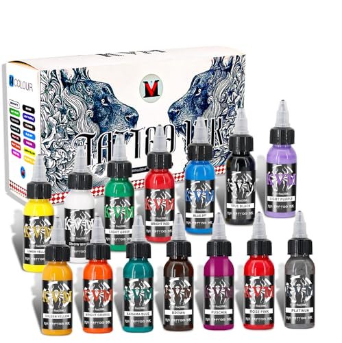 KVM Tattoo Ink Set 14 Pcs Colors 1oz (30ml) - Smooth Flow Tattoo Supply for Professional Studios Avelisse