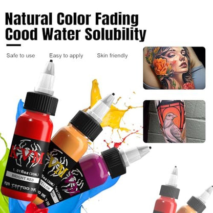KVM Tattoo Ink Set 14 Pcs Colors 1oz (30ml) - Smooth Flow Tattoo Supply for Professional Studios Avelisse