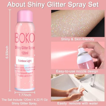 Boko Body Glitter Spray - Holographic Silver Shiny Glitter Spray for Body, Hair & Clothes | Quick-Drying Long-Lasting Festival Party Concert Rave Accessories (120ml)