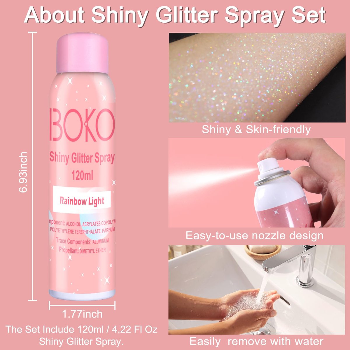 Boko Body Glitter Spray - Holographic Silver Shiny Glitter Spray for Body, Hair & Clothes | Quick-Drying Long-Lasting Festival Party Concert Rave Accessories (120ml) - görsel 7
