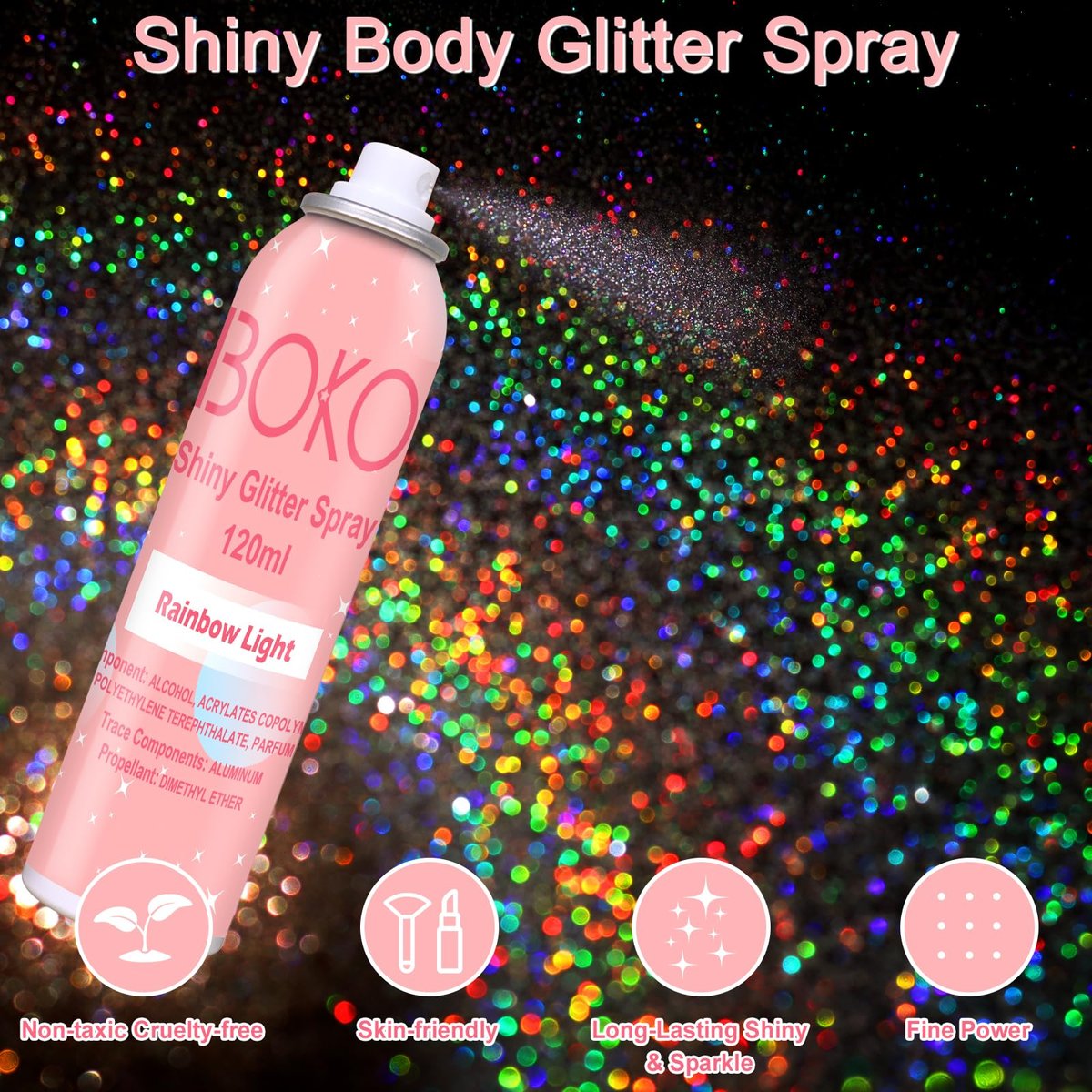Boko Body Glitter Spray - Holographic Silver Shiny Glitter Spray for Body, Hair & Clothes | Quick-Drying Long-Lasting Festival Party Concert Rave Accessories (120ml) - görsel 3