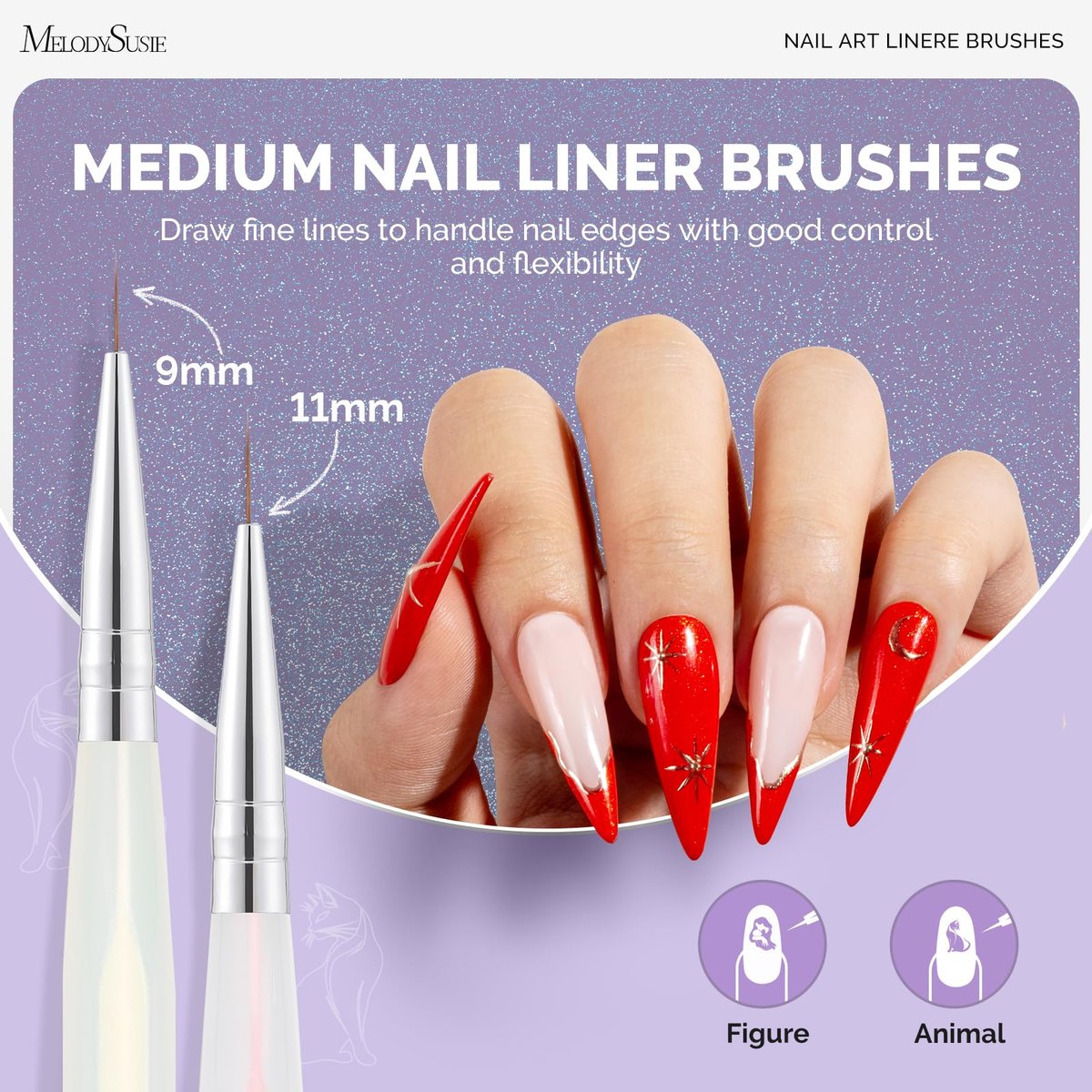 MelodySusie 5-Piece Nail Art Liner Brush Set – Professional Gel Polish Painting Pens for Thin Long Lines, Tiny Details & Fine Drawing (Sizes 5/7/9/11/20mm) - görsel 7