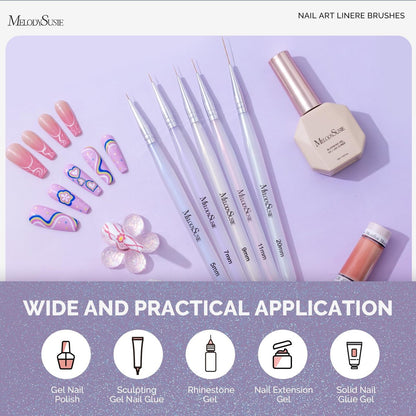 MelodySusie 5-Piece Nail Art Liner Brush Set – Professional Gel Polish Painting Pens for Thin Long Lines, Tiny Details & Fine Drawing (Sizes 5/7/9/11/20mm)