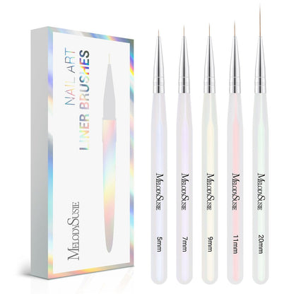MelodySusie 5-Piece Nail Art Liner Brush Set – Professional Gel Polish Painting Pens for Thin Long Lines, Tiny Details & Fine Drawing (Sizes 5/7/9/11/20mm)