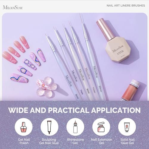 MelodySusie 5-Piece Nail Art Liner Brush Set – Professional Gel Polish Painting Pens for Thin Long Lines, Tiny Details & Fine Drawing (Sizes 5/7/9/11/20mm) - görsel 12