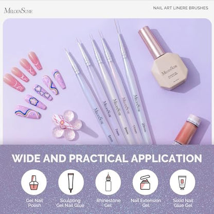 MelodySusie 5-Piece Nail Art Liner Brush Set – Professional Gel Polish Painting Pens for Thin Long Lines, Tiny Details & Fine Drawing (Sizes 5/7/9/11/20mm)