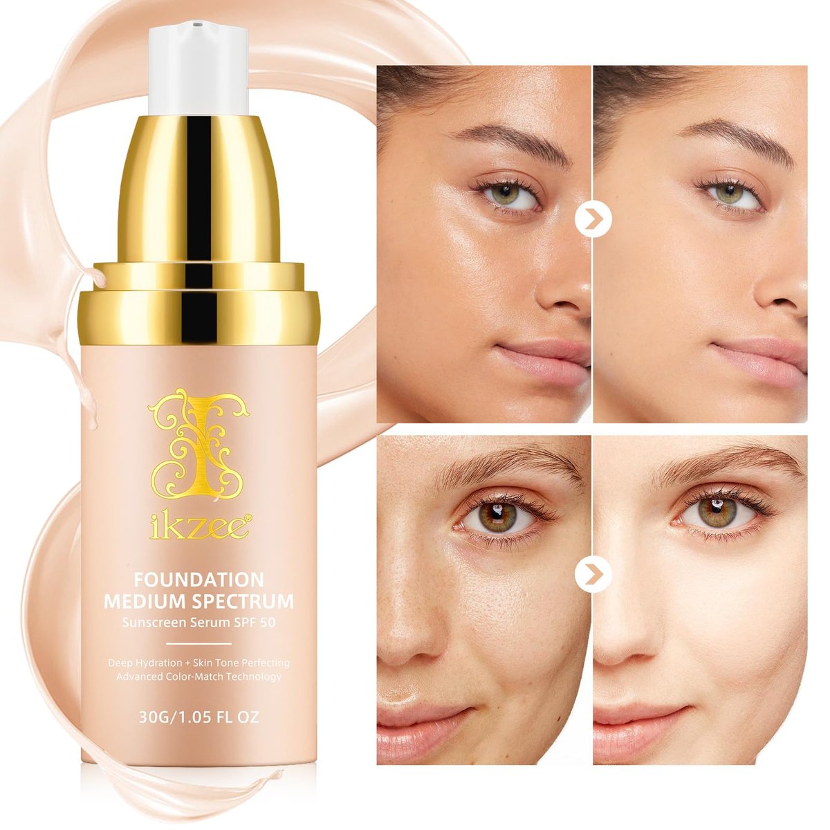 4 in 1 Foundation Liquid with SPF 50+ - Medium Coverage, Color Matching, Long-Wearing & Waterproof Makeup for All-Day Wear - görsel 3