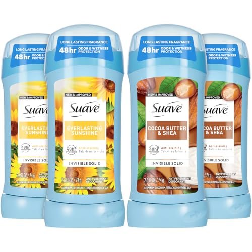 Suave Antiperspirant Deodorant for Women Variety 4-Pack – Cocoa Butter & Shea + Everlasting Sunshine, Anti-Staining Invisible Solid, Talc-Free, 2.7 Oz Each Avelisse