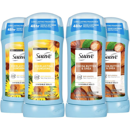 Suave Antiperspirant Deodorant for Women Variety 4-Pack – Cocoa Butter & Shea + Everlasting Sunshine, Anti-Staining Invisible Solid, Talc-Free, 2.7 Oz Each Avelisse