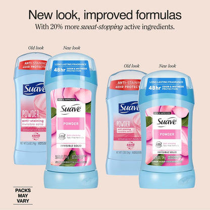 Suave Antiperspirant Deodorant for Women, Powder 2-Size Variety Pack – Anti-Staining Invisible Solid, Talc-Free (2 Piece Set), Scented