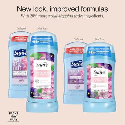 Suave Antiperspirant Deodorant for Women, Sweet Pea & Violet 2-Size Variety Pack – Anti-Staining Invisible Solid, Talc-Free (2 Piece Set)