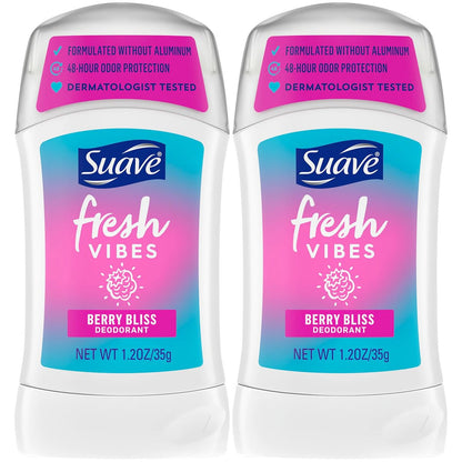 Suave Aluminum-Free Deodorant for Kids & Teen Girls, Fresh Vibes Berry Bliss 2-Pack, 48H Protection, 1.2 Oz Each