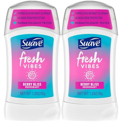 Suave Aluminum-Free Deodorant for Kids & Teen Girls, Fresh Vibes Berry Bliss 2-Pack, 48H Protection, 1.2 Oz Each