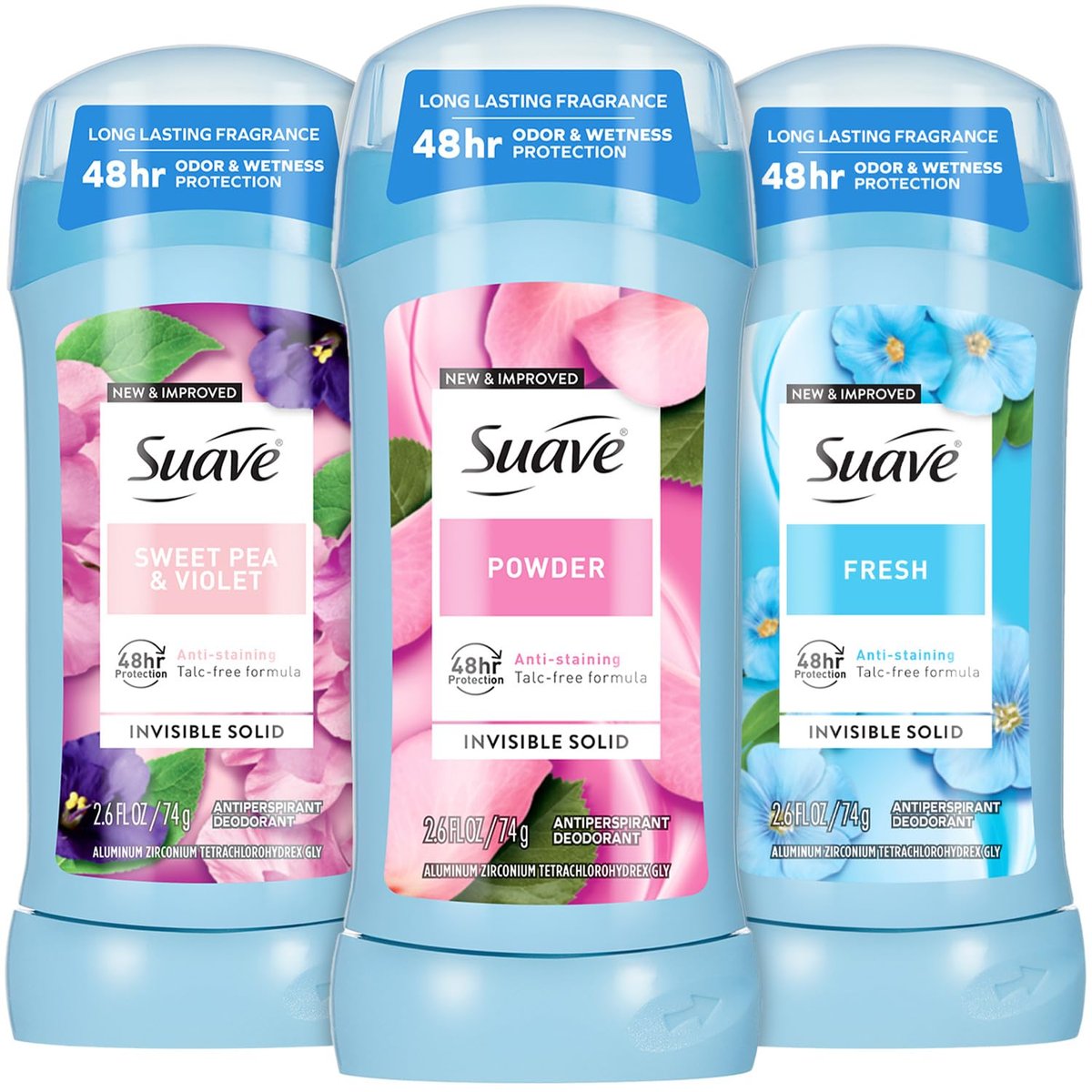 Suave Antiperspirant Deodorant for Women Variety 3-Pack – Powder, Fresh, Sweet Pea & Violet, Anti-Staining Invisible Solid, Talc-Free, 2.6 Oz Each Avelisse