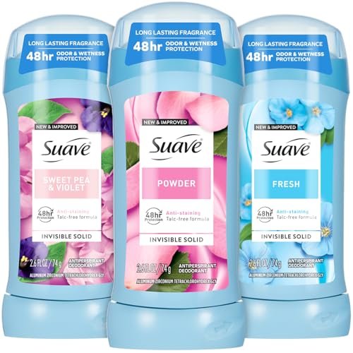 Suave Antiperspirant Deodorant for Women Variety 3-Pack – Powder, Fresh, Sweet Pea & Violet, Anti-Staining Invisible Solid, Talc-Free, 2.6 Oz Each Avelisse