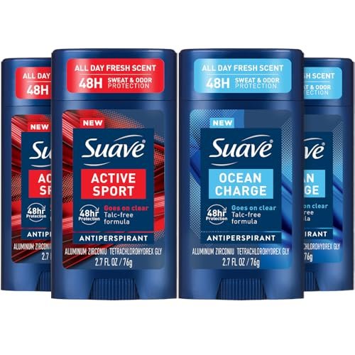 Suave Men's Antiperspirant Deodorant Variety 4-Pack – Active Sport, Bergamot & Wood, Ocean Charge, Marine & Driftwood, 48-Hour Sweat and Odor Protection, 2.7 oz Each Avelisse
