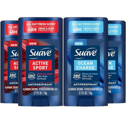 Suave Men's Antiperspirant Deodorant Variety 4-Pack – Active Sport, Bergamot & Wood, Ocean Charge, Marine & Driftwood, 48-Hour Sweat and Odor Protection, 2.7 oz Each Avelisse