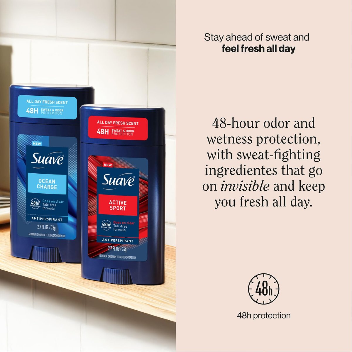 Suave Men's Antiperspirant Deodorant Variety 4-Pack – Active Sport, Bergamot & Wood, Ocean Charge, Marine & Driftwood, 48-Hour Sweat and Odor Protection, 2.7 oz Each Avelisse