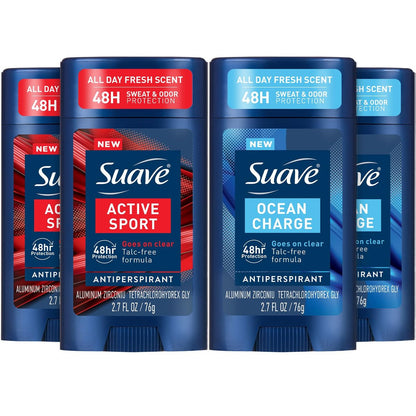 Suave Men's Antiperspirant Deodorant Variety 4-Pack – Active Sport, Bergamot & Wood, Ocean Charge, Marine & Driftwood, 48-Hour Sweat and Odor Protection, 2.7 oz Each Avelisse