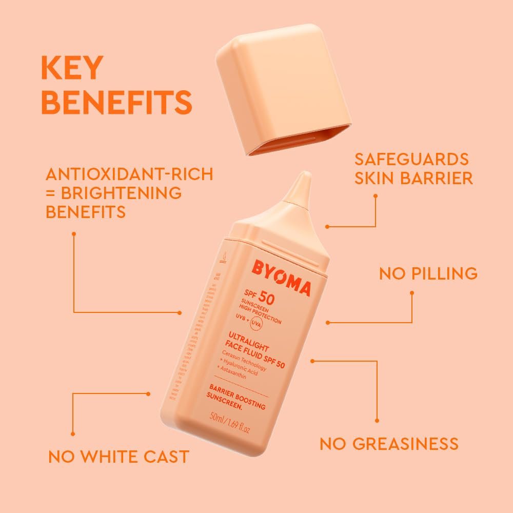 BYOMA SPF 50 Face Fluid - Ultra-Lightweight Facial Sunscreen, Luminous Glow, No White Cast, Strengthens Skin Barrier, 1.69 fl.oz Avelisse