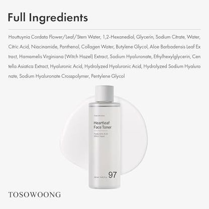 TOSOWOONG Heartleaf Face Toner – 970,200ppm Heartleaf Water, Centella, Hyaluronic Acid, Witch Hazel – Calming & Hydrating Toner for Acne-Prone Skin, 250ml (8.45 fl.oz.)